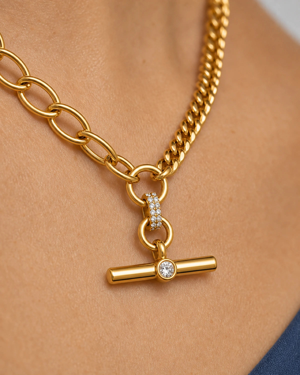 Extreme worn macro of the Célestine pavé connector and centre-set crystal T-bar on Florence