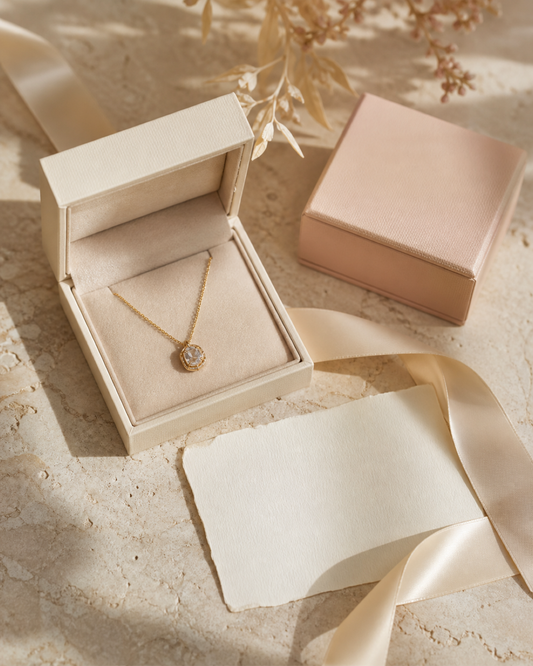 Ivory jewellery box, gold pendant, cream ribbon and blush gift box on pale stone