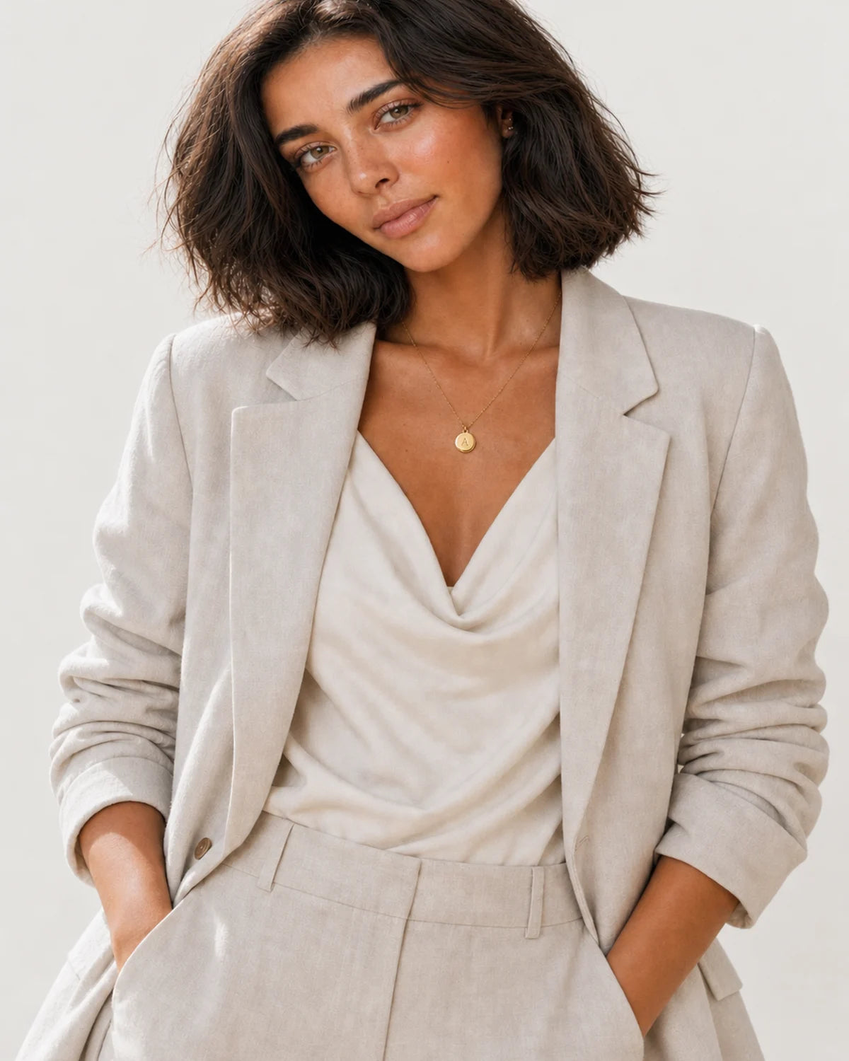 Australian model aged 25 to 28 wearing the Amara initial medallion necklace in a pale dove-grey studio