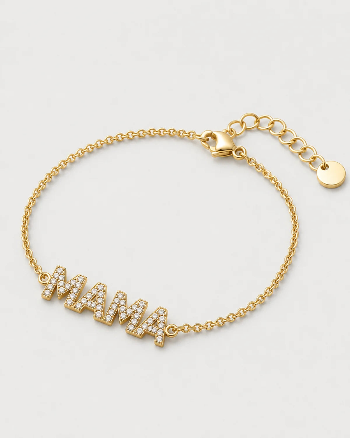 Alternate full view of the Amaya MAMA bracelet with clasp extender and round tag