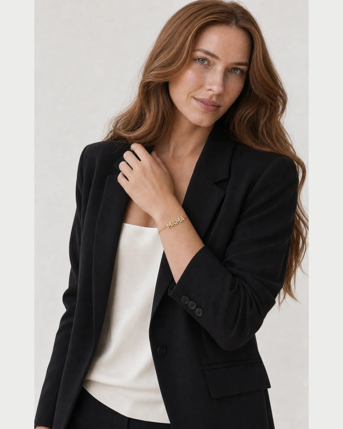 Alternate portrait of the same model wearing the Amaya MAMA bracelet