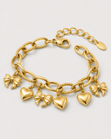 Construction view of Amorette bracelet with clasp, extender, tag and six charms