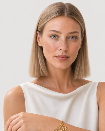 Alternate portrait of the same model wearing the Amorette bracelet
