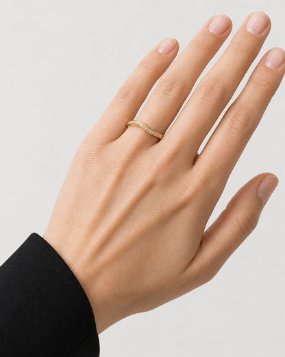 Extreme on-hand detail of the Aurelle single-row pavé band