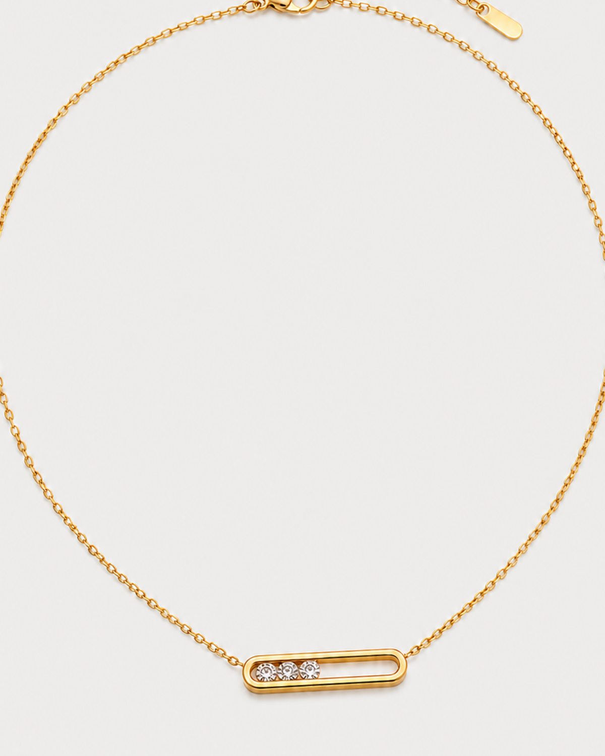 Alternate full view of the Celene necklace with lobster clasp, extender and tapered end tag