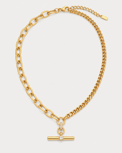 Célestine gold mixed-link crystal T-bar necklace on pale dove-grey