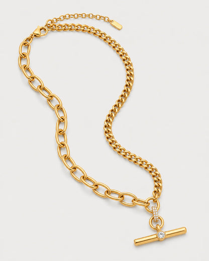Célestine asymmetric gold mixed-link necklace in an alternate studio arrangement