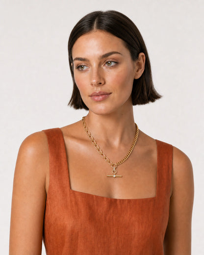 Alternate European-summer portrait featuring the Célestine T-bar necklace