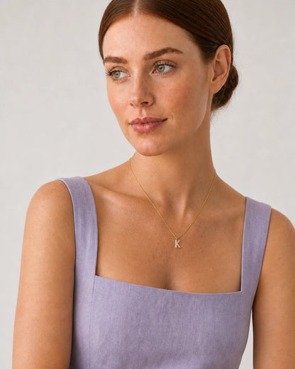 Alternate European-summer portrait featuring the Ciel pave K necklace