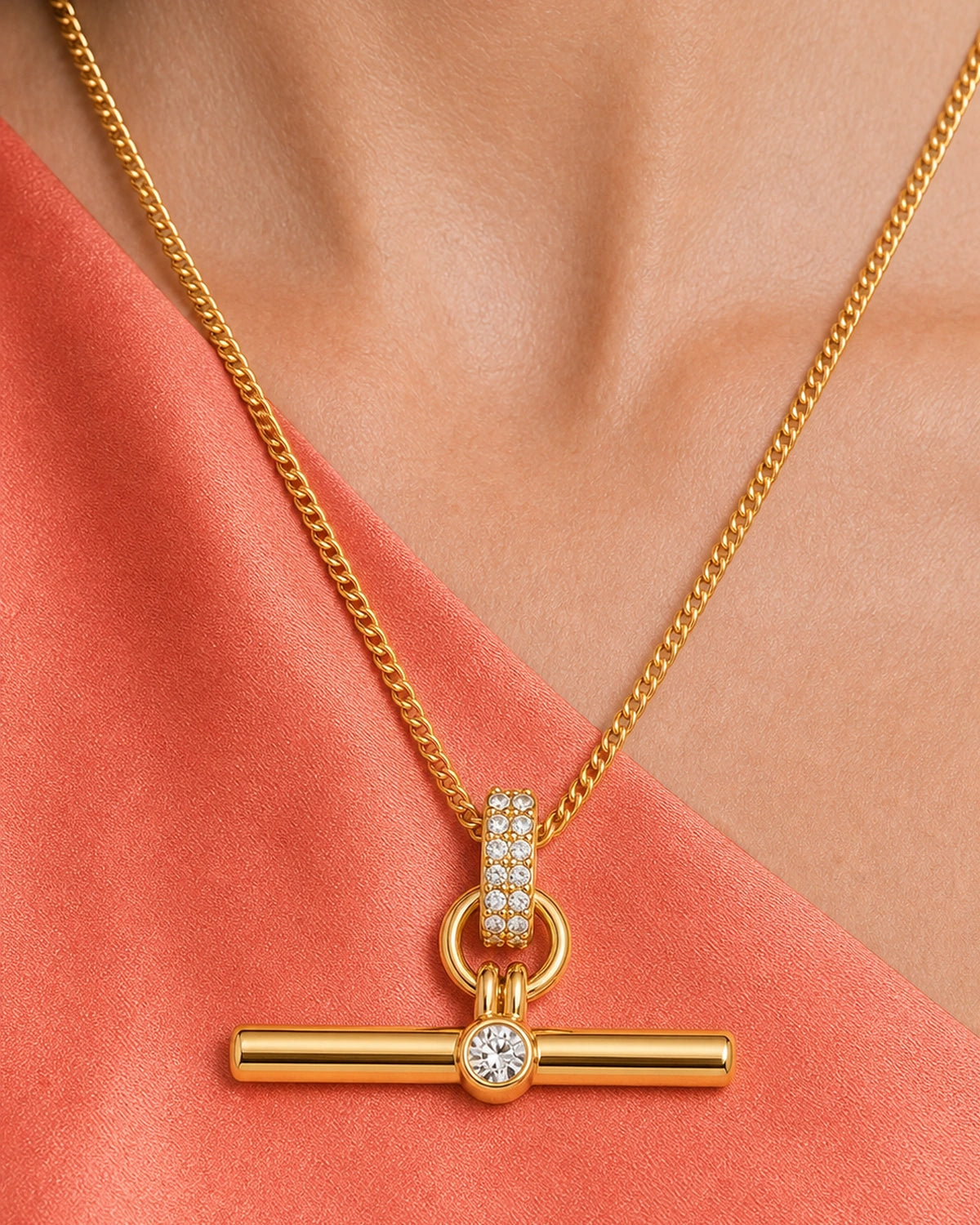 On-body macro of Delphine's pavé bail, double-loop hinge and crystal T-bar