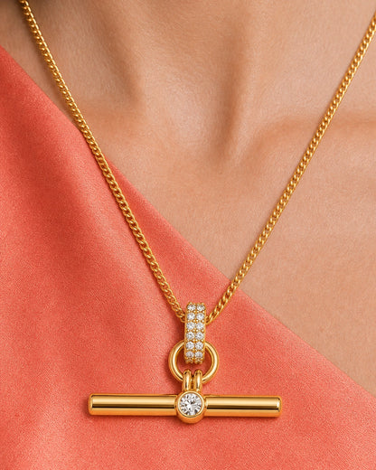 On-body macro of Delphine's pavé bail, double-loop hinge and crystal T-bar