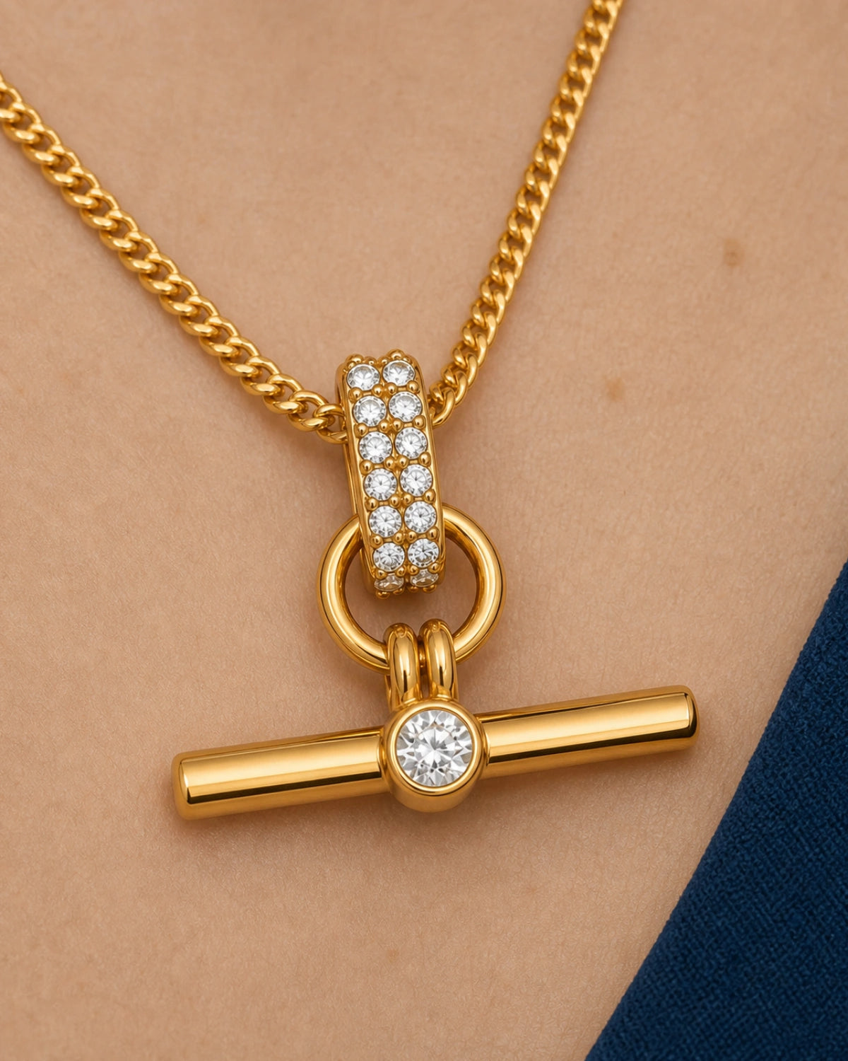 Extreme worn macro of the Delphine twelve-stone bail and centre-crystal T-bar on Beatrice