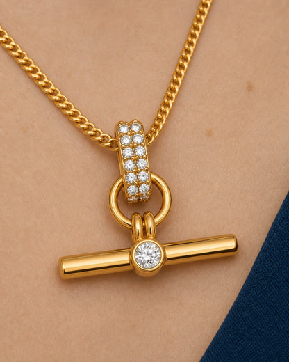 Extreme worn macro of the Delphine twelve-stone bail and centre-crystal T-bar on Beatrice