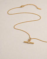 Alternate complete view of the Delphine gold toggle necklace with clasp and extender