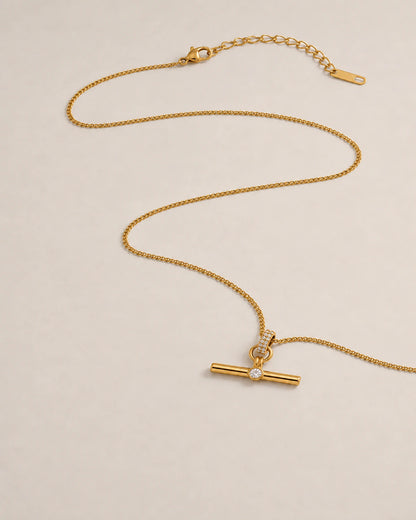 Alternate complete view of the Delphine gold toggle necklace with clasp and extender