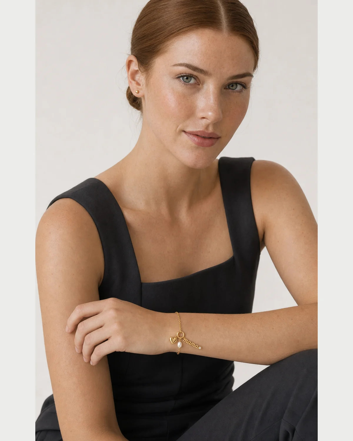 Australian model aged 26 to 29 wearing the Elara mama charm bracelet