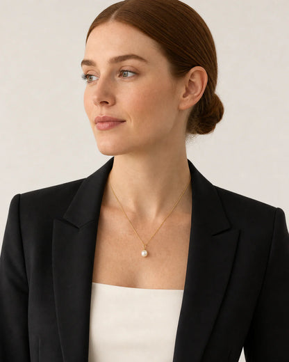 Model in black tailoring wearing Elowen pearl necklace