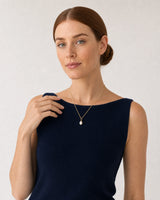 Human-scale French Riviera summer portrait showing the Elowen pearl necklace