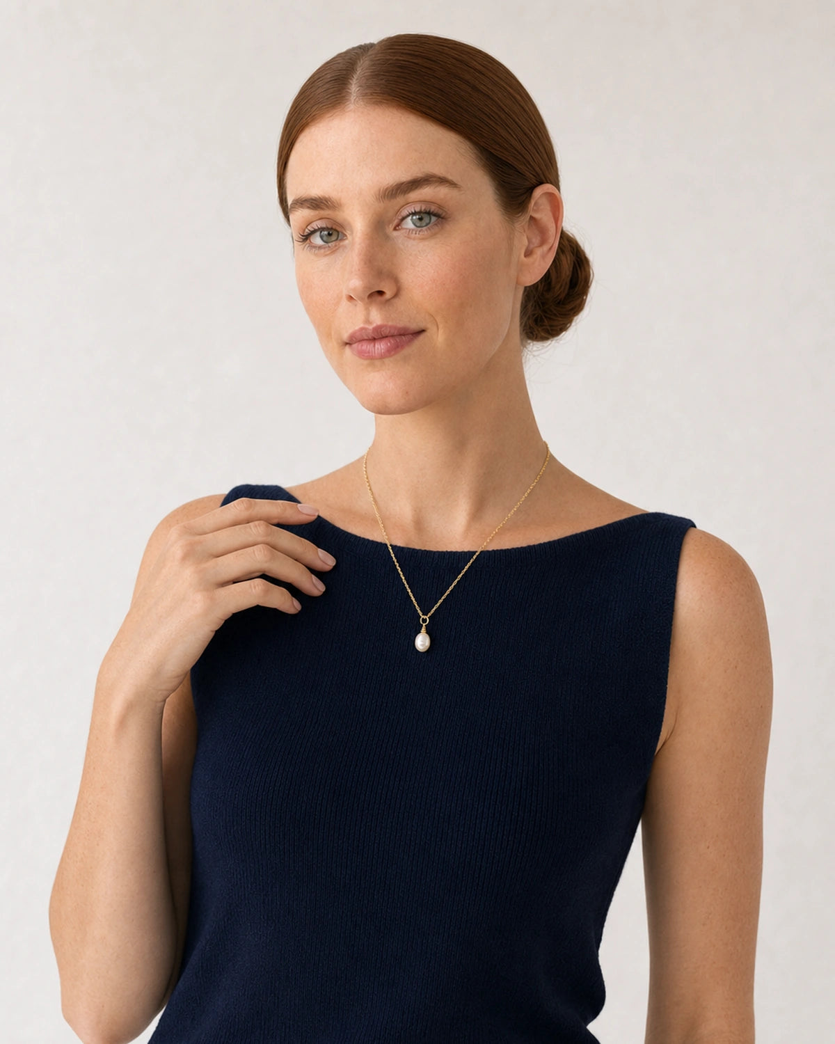 Human-scale French Riviera summer portrait showing the Elowen pearl necklace