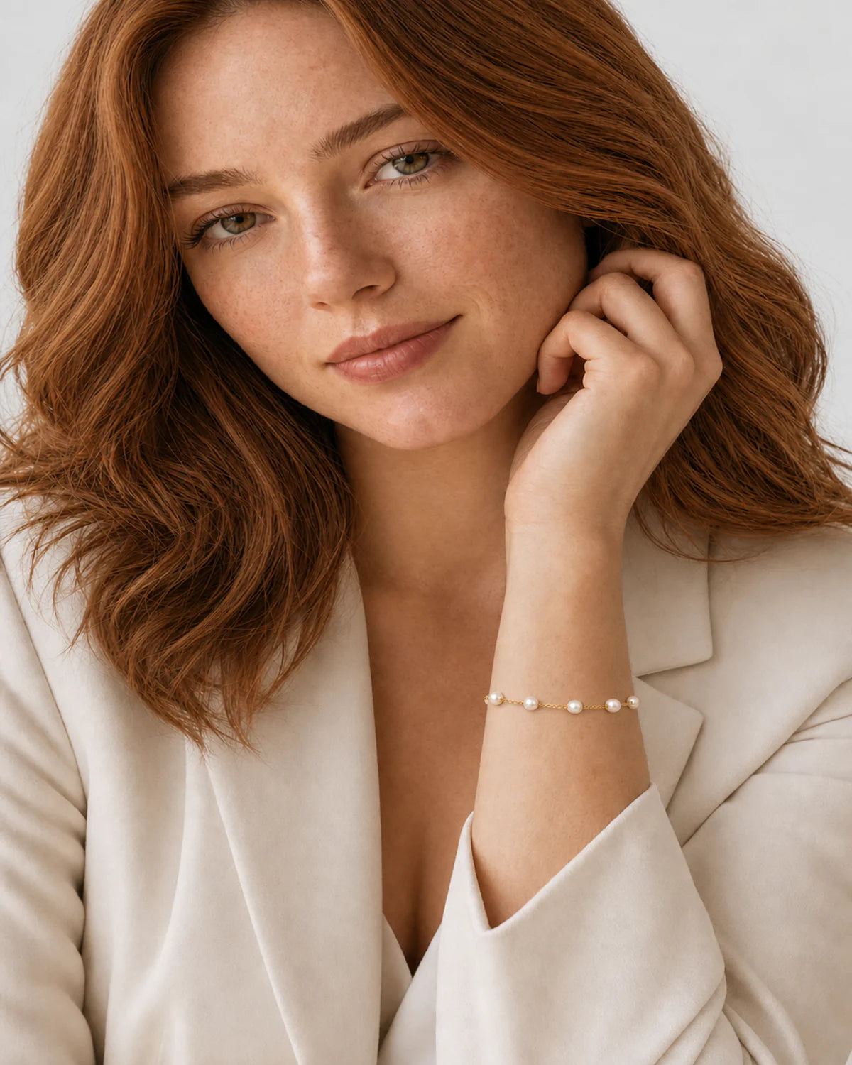 Red-haired model in ivory tailoring wearing Elowen pearl bracelet