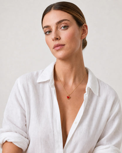 Alternate European-summer portrait featuring the Estelle red heart necklace