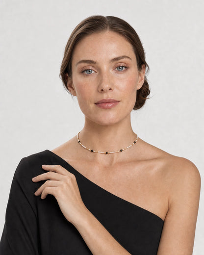 Human-scale studio view of the Isla choker with chocolate tailoring