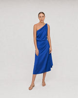 Full-body Santorini cobalt silk portrait featuring the Isla choker