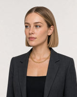 Alternate portrait of the same model wearing the Liora orbit chain necklace