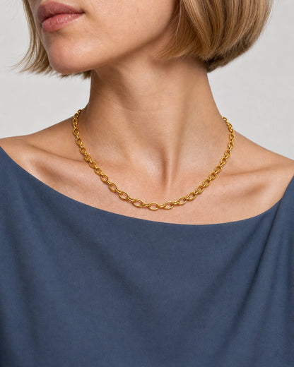 Alternate mouth-down wearing view of the Liora gold orbit-link necklace