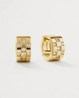 Lisette gold checkerboard crystal huggies on seamless pale neutral grey
