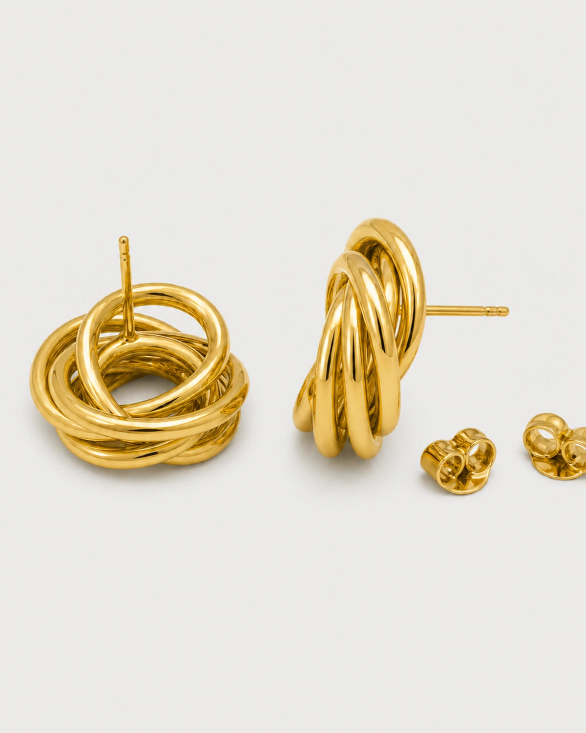 Reverse and side view of Lyra knot studs with posts and butterfly backs