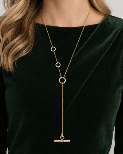 Eye-free front portrait of Gabrielle wearing the Marais mixed-metal lariat