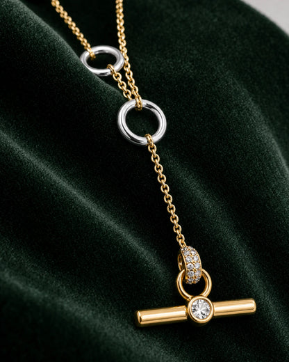 Extreme worn macro of the Marais fastening ring, pavé connector and crystal T-bar
