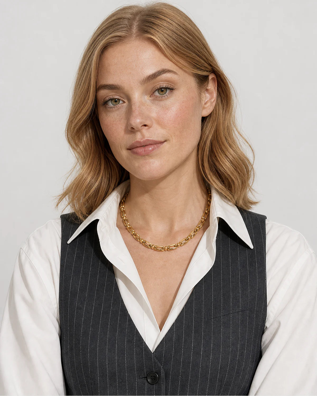 British model wearing the Marcelle link necklace with a pinstripe waistcoat