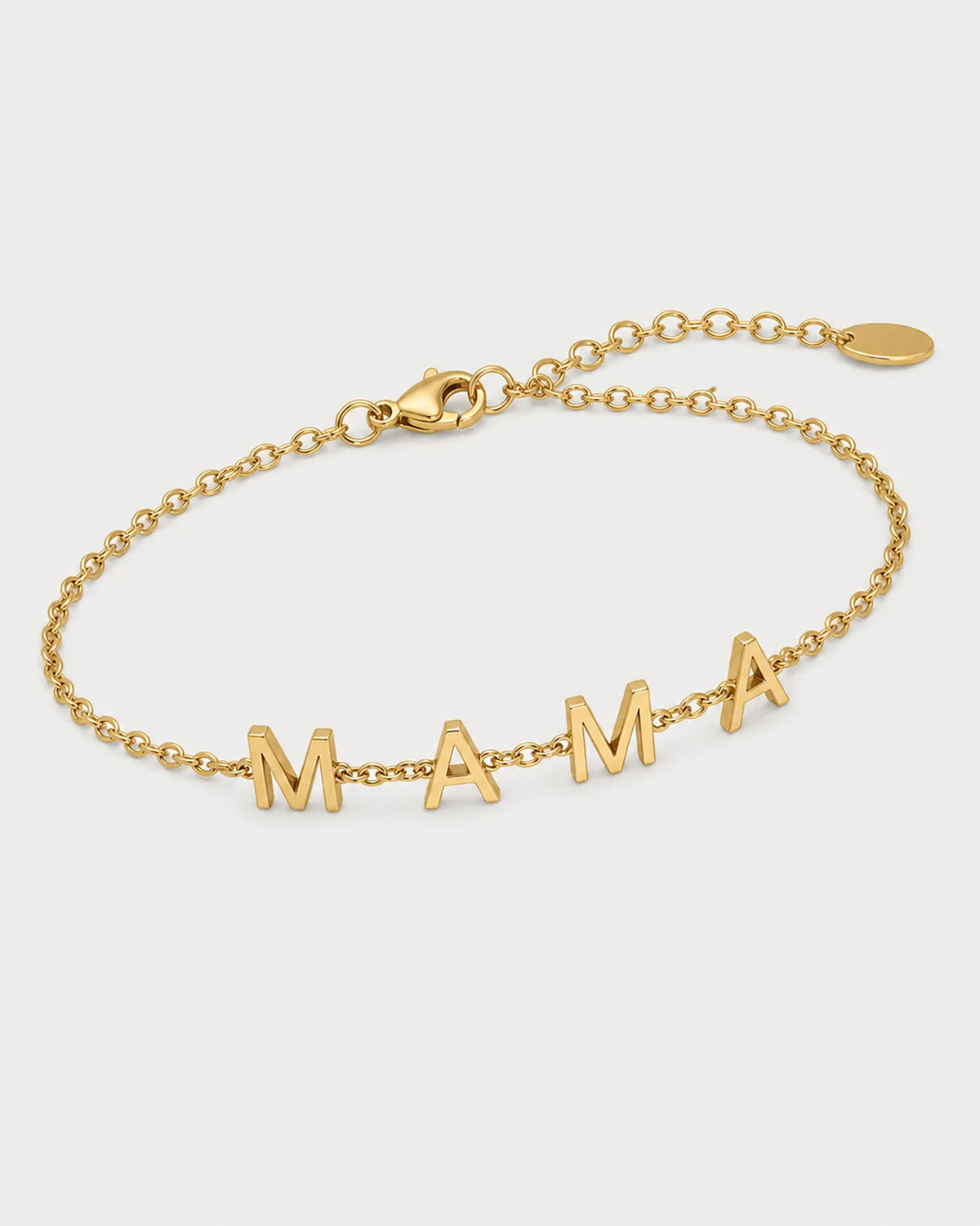 Alternate full view of the Maren Mama letter bracelet with clasp and extender