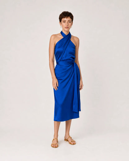 Full-body Santorini cobalt silk portrait featuring the Maris heart huggies