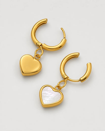 Front and reverse construction view of the Maris mother-of-pearl heart huggies