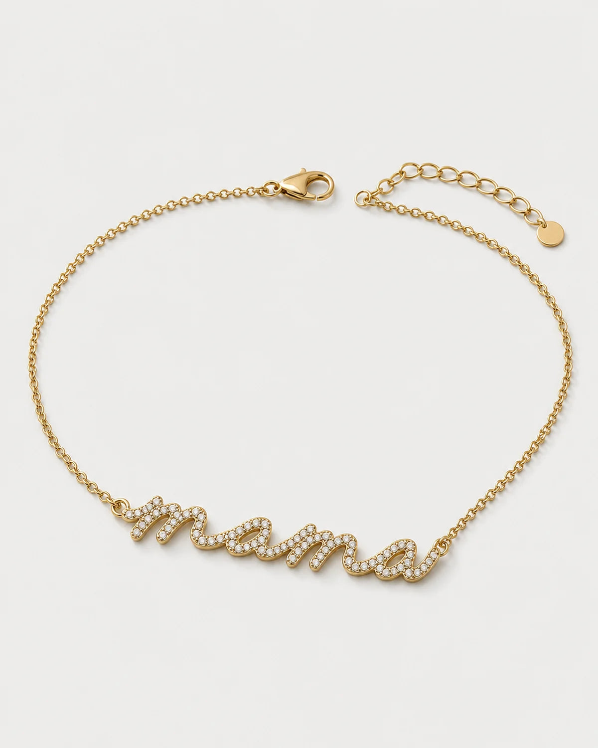 Alternate full view of the Mila mama necklace with clasp extender and round tag