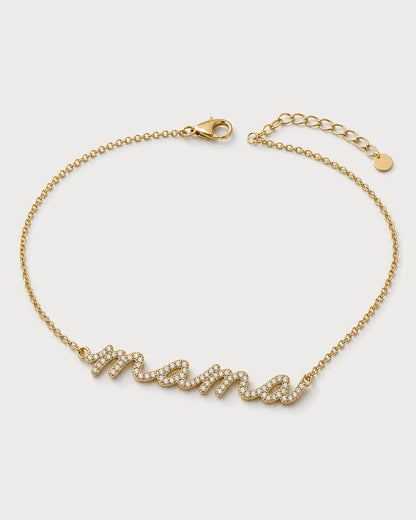 Alternate full view of the Mila mama necklace with clasp extender and round tag