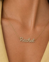 Extreme on-body macro of the Mira Rachel nameplate and integrated side loops