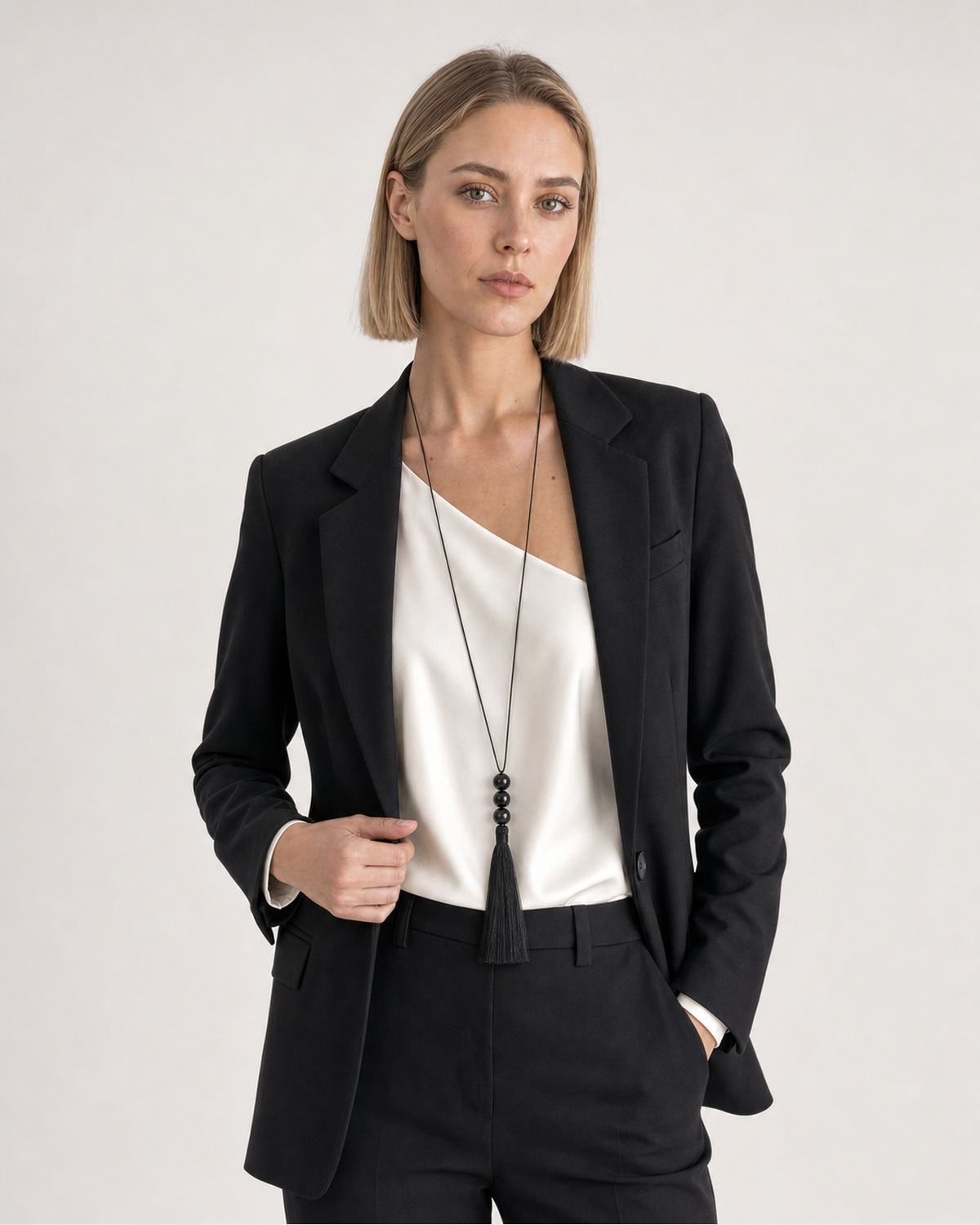 Human-scale studio view of the Nera bead tassel necklace worn with black tailoring