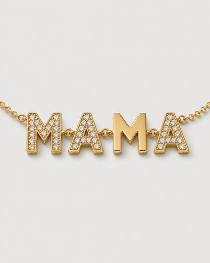 Macro of the Noa pavé and polished block-letter MAMA motif