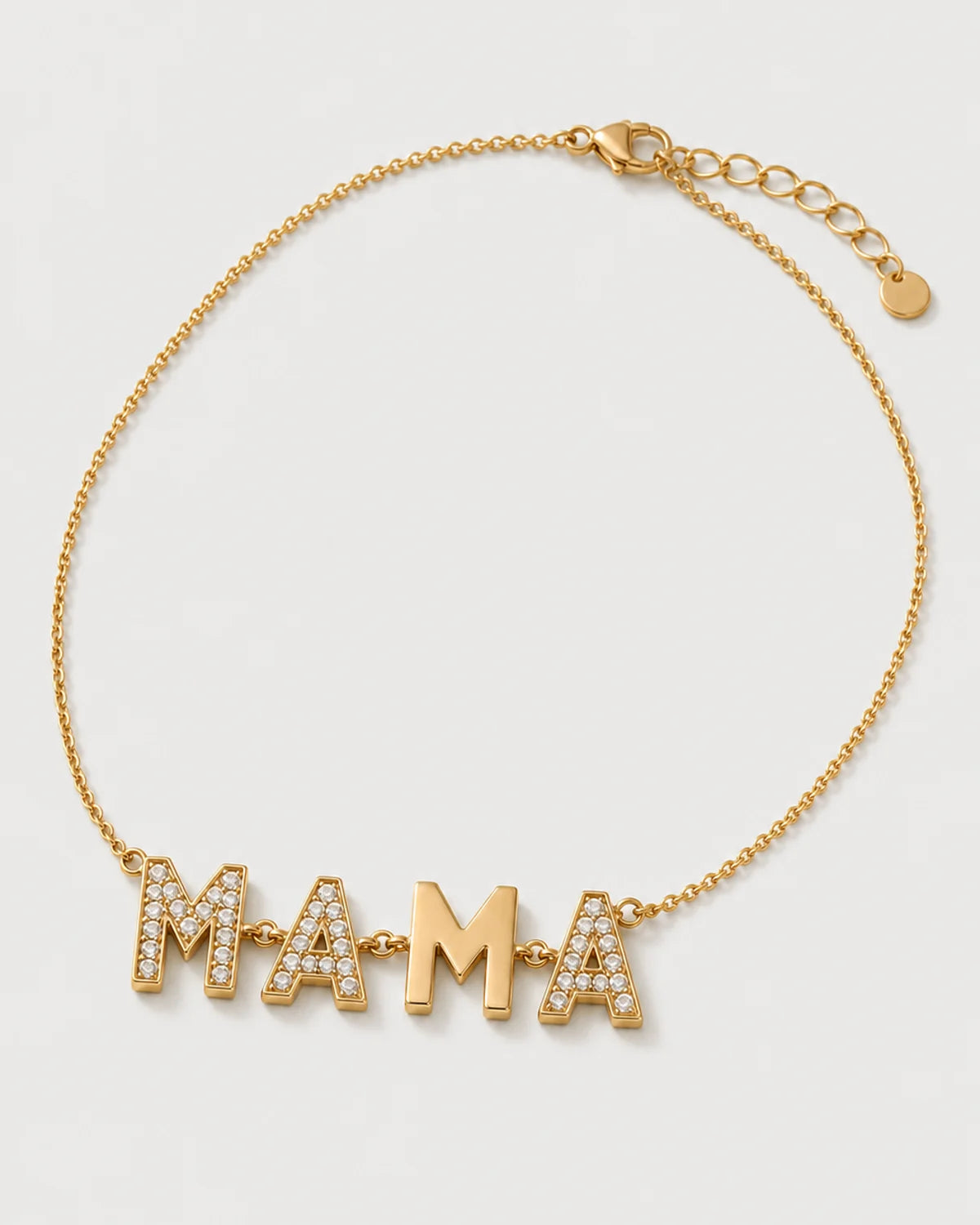 Alternate full view of the Noa articulated MAMA necklace with clasp and extender