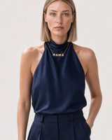 Human-scale view of the Noa MAMA necklace with midnight-navy satin