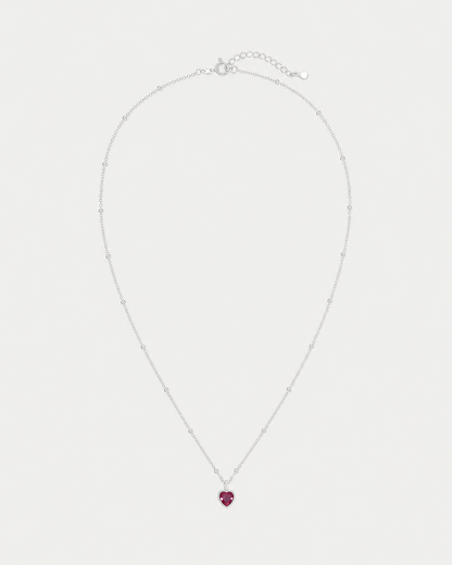 Rosalie silver beaded red heart necklace on pale dove-grey