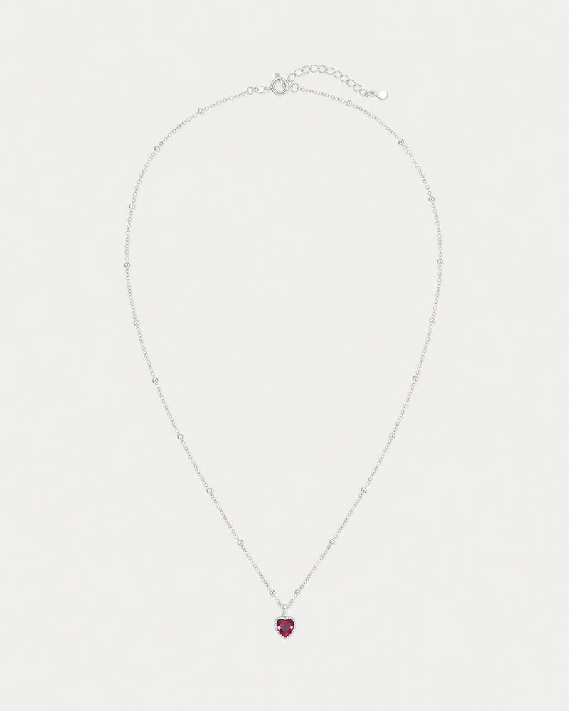 Rosalie silver beaded red heart necklace on pale dove-grey