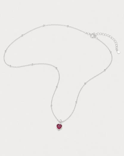 Rosalie red heart necklace in an alternate studio arrangement with clasp visible