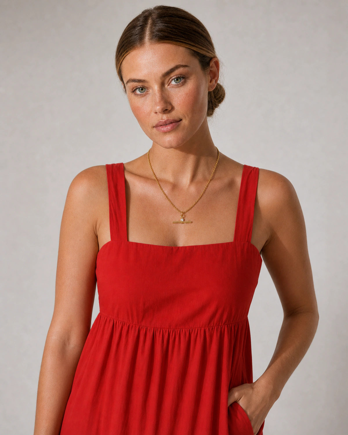 Human-scale summer portrait showing the Sloane crystal toggle necklace