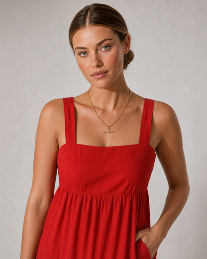 Human-scale summer portrait showing the Sloane crystal toggle necklace