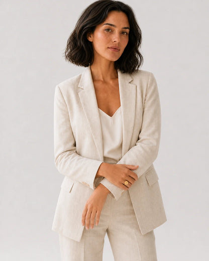 Wide editorial studio portrait showing the Solenne signet ring at natural scale